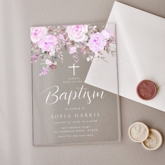 美しいラベンダーパープルバイオレットベビーガールバプテスマ アクリル招待状