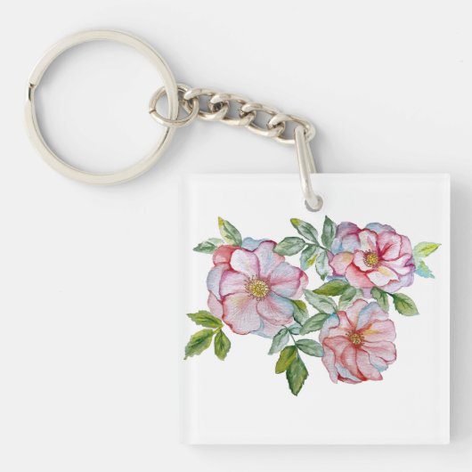 美しいリアルな水彩画のバラ キーホルダー (正面)