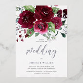 美しいリッチブルゴーニュの水色のフローラ結婚ズ 箔招待状 (正面)