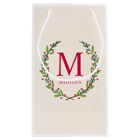 美しいリースパーソナライズされたモノグラムクリスマス スモールペーパーバッグ (裏面)