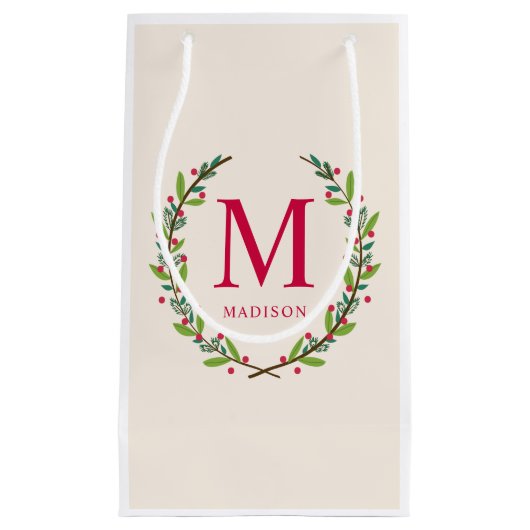 美しいリースパーソナライズされたモノグラムクリスマス スモールペーパーバッグ