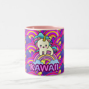 美しいレインボーかわいらしかわいいズユニコーンキャット ツートーンマグカップ