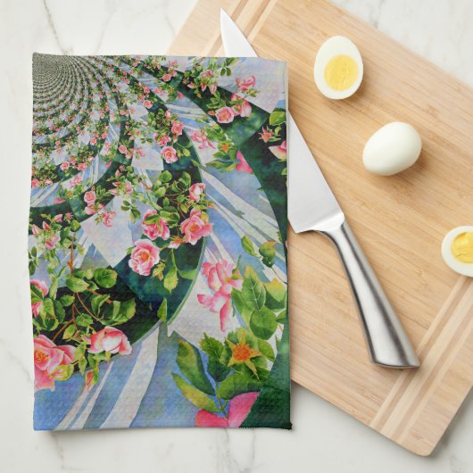 美しいレトロなピンクの赤いバラの水色フローラ キッチンタオル (四つ折り)