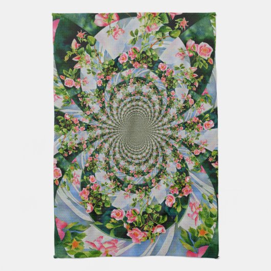 美しいレトロなピンクの赤いバラの水色フローラ キッチンタオル (縦)