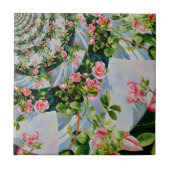 美しいレトロなピンクの赤いバラの水色フローラ タイル (正面)