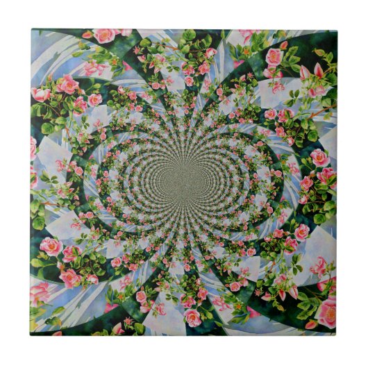 美しいレトロなピンクの赤いバラの水色フローラ タイル (正面)