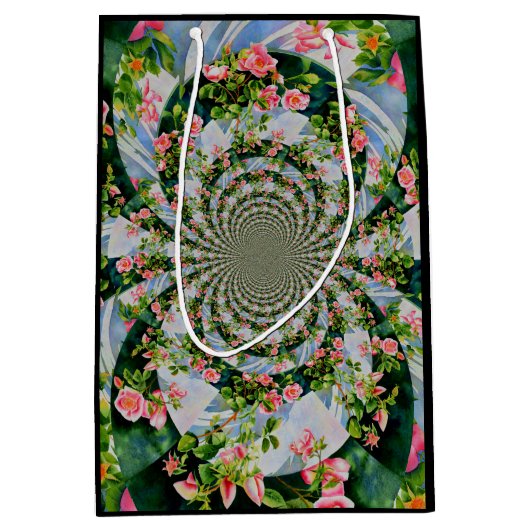 美しいレトロなピンクの赤いバラの水色フローラ ミディアムペーパーバッグ (正面)