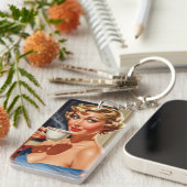 美しいレトロの女性とコーヒーのカップ キーホルダー (正面右)