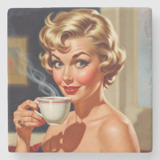 美しいレトロの女性とコーヒーのカップ ストーンコースター