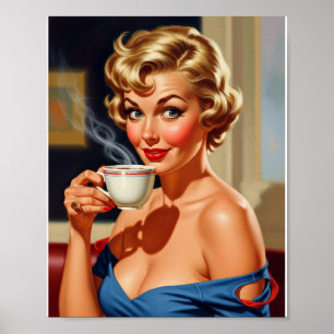 美しいレトロの女性とコーヒーのカップ ポスター