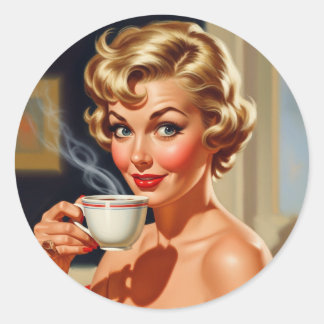 美しいレトロの女性とコーヒーのカップ ラウンドシール