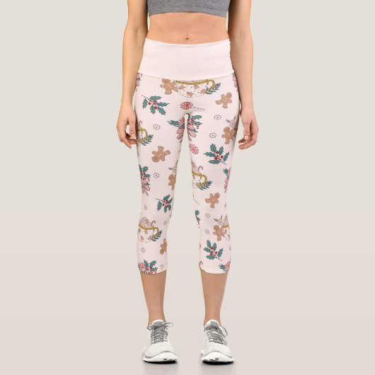 美しいレトロクリスマスギンガーブレッドホリーベリー カプリレギンス (正面)