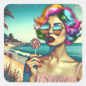 美しいレトロポップ・アートのアートウーマンと棒つきキャンデー スクエアシール (正面)