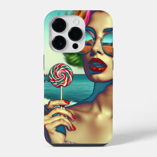 美しいレトロポップ・アートのアートウーマンと棒つきキャンデー iPhone 14 PROケース