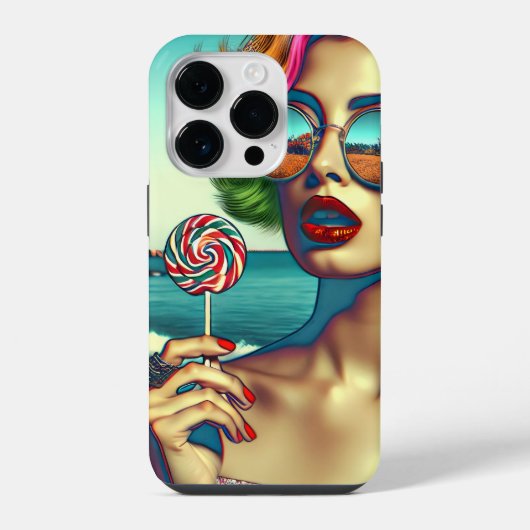 美しいレトロポップ・アートのアートウーマンと棒つきキャンデー iPhoneケース (裏面)