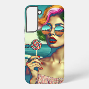 美しいレトロポップ・アートのアートウーマンと棒つきキャンデー SAMSUNG GALAXY S22+ケース
