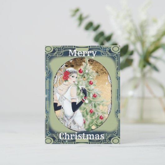 美しいレトロレディとクリスマスツリー シーズンポストカード (スタンド正面)