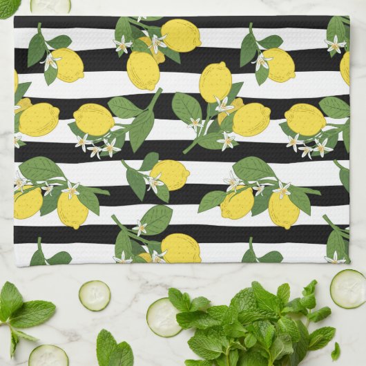 美しいレモンと花が咲くストライプ キッチンタオル (折り畳み)