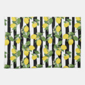 美しいレモンと花が咲くストライプ キッチンタオル (横)