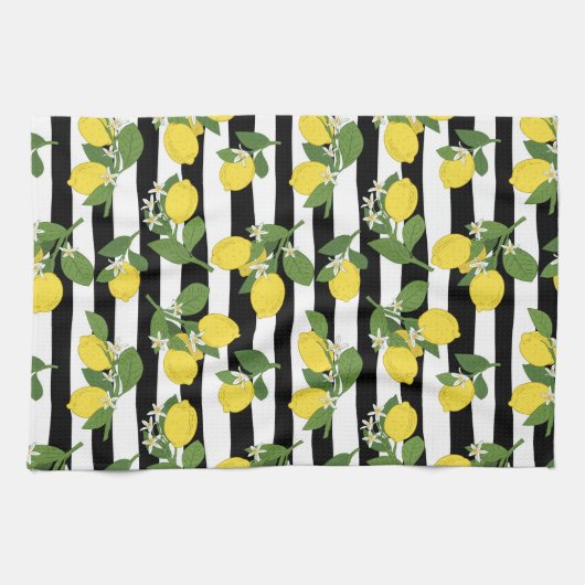 美しいレモンと花が咲くストライプ キッチンタオル (横)