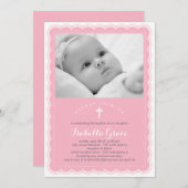 美しいレースバプテスマ招待状 – ピンク 招待状 (正面/裏面)
