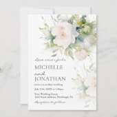 美しいロマンチックなホワイトフラワーのクリスチャンウェディング 招待状 (正面)