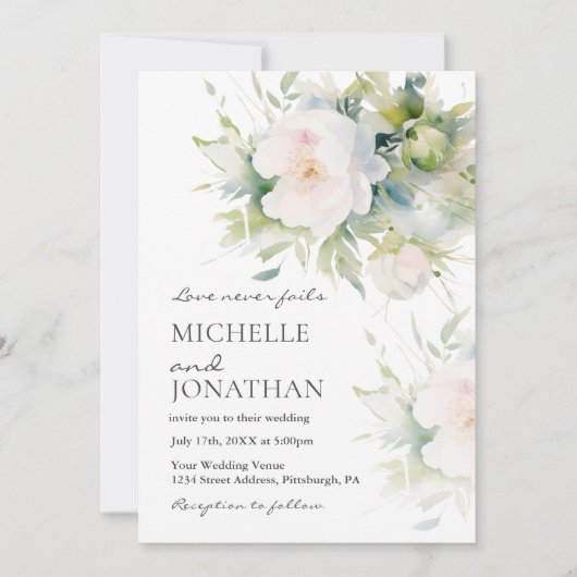 美しいロマンチックなホワイトフラワーのクリスチャンウェディング 招待状 (正面)