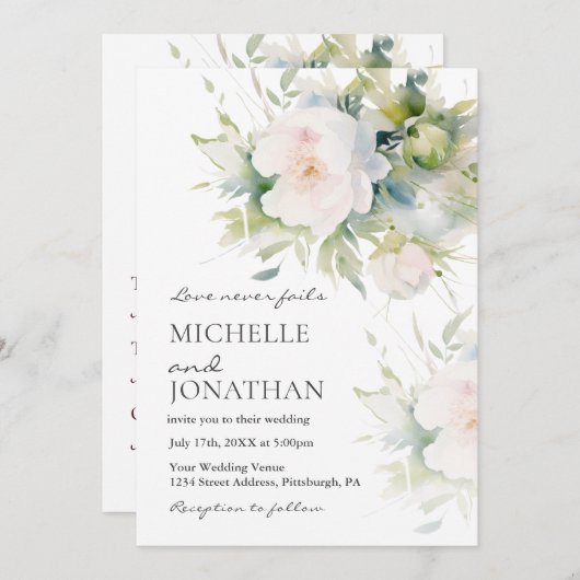 美しいロマンチックなホワイトフラワーのクリスチャンウェディング 招待状 (正面/裏面)