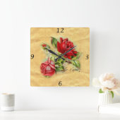 美しいロマンチックエレガントヴィンテージの赤いバラ スクエア壁時計 (ホーム)