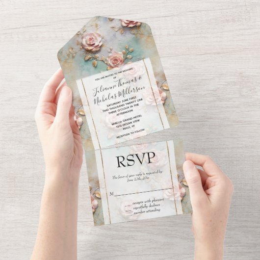 美しいロマンチック赤面ピンクロマンチックバラ オールインワン招待状 (貼ってはがせる)