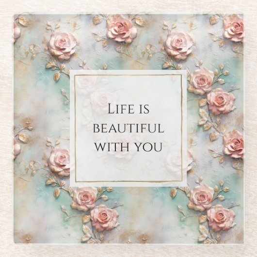 美しいロマンチック赤面ピンクロマンチックバラ ガラスコースター (正面)