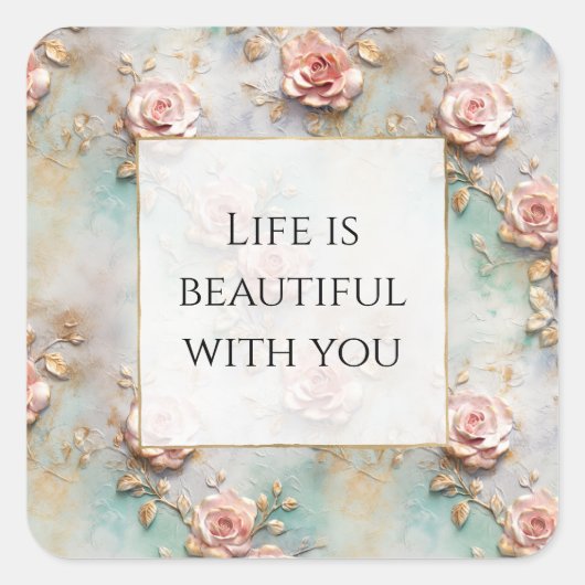 美しいロマンチック赤面ピンクロマンチックバラ スクエアシール (正面)
