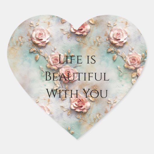 美しいロマンチック赤面ピンクロマンチックバラ ハートシール (正面)