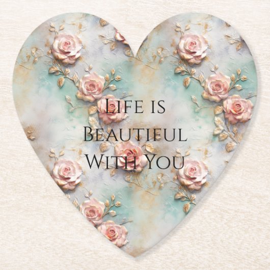 美しいロマンチック赤面ピンクロマンチックバラ ペーパーコースター (正面)