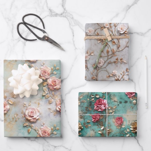 美しいロマンチック赤面ピンクロマンチックバラ ラッピングペーパーシート (正面)