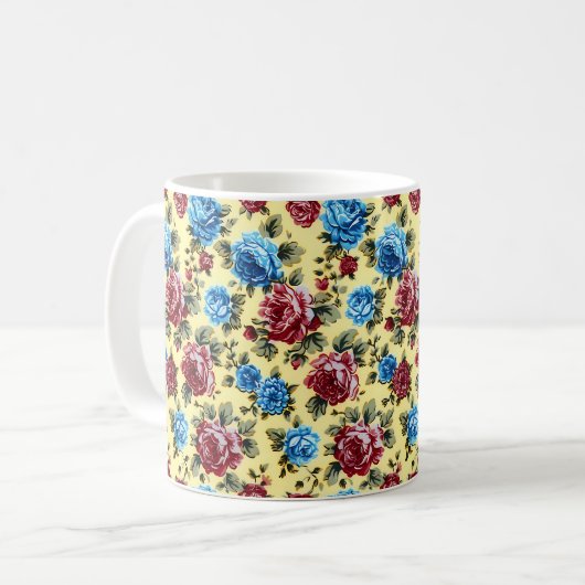 美しいロマンティックな春の赤と青の女の子の花 コーヒーマグカップ (正面左)