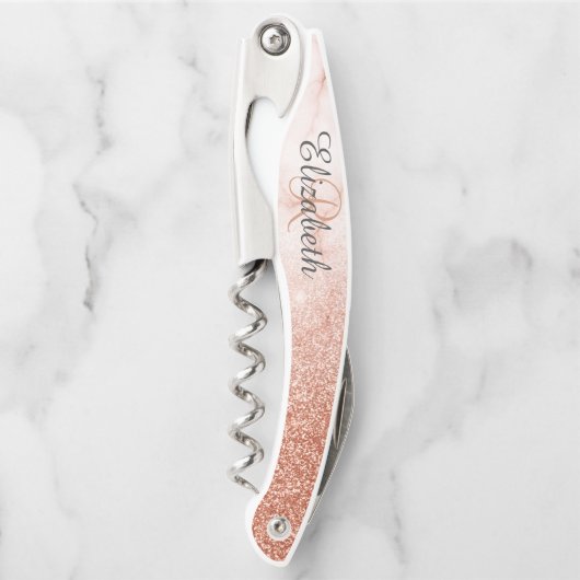 美しいローズゴールド大理石モノグラムグリッター ソムリエナイフ (正面)