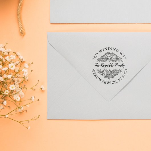 美しいローズブーケラインアートの名前とアドレス ラバースタンプ