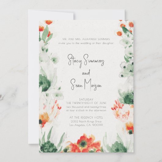 美しいワイルドフラワーの水彩庭園の結婚式 招待状 (正面)