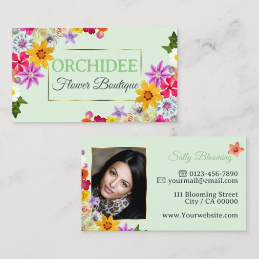 美しいワイルドフラワーグリーン素晴らし金ゴールドフレーム写真 名刺 (正面/裏面)