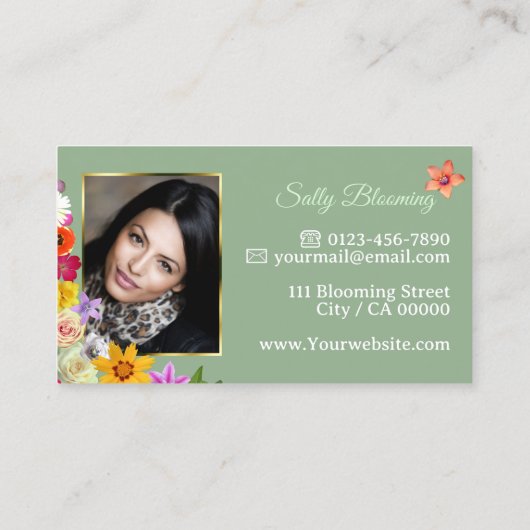 美しいワイルドフラワーグリーン素晴らし金ゴールドフレーム写真 名刺 (裏面)