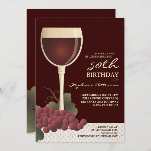美しいワイン及びブドウの第50誕生日の招待状 招待状 (正面/裏面)