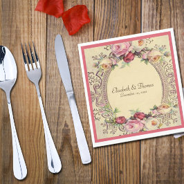 美しいヴィクトリアン ヴィンテージ フレーム ピンクのバラ スタンダードランチョンナプキン