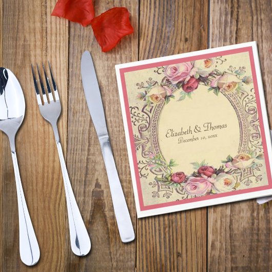 美しいヴィクトリアン ヴィンテージ フレーム ピンクのバラ スタンダードランチョンナプキン