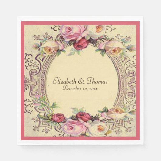 美しいヴィクトリアン ヴィンテージ フレーム ピンクのバラ スタンダードランチョンナプキン (正面)