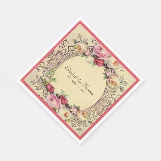 美しいヴィクトリアン ヴィンテージ フレーム ピンクのバラ スタンダードランチョンナプキン (角)