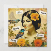 美しいヴィンテージと鳥と花を持つ女性 (正面)