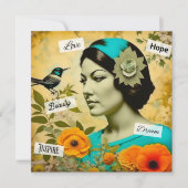 美しいヴィンテージと鳥と花を持つ女性 (正面)