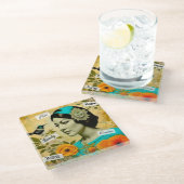 美しいヴィンテージと鳥と花を持つ女性 ガラスコースター (アングル)