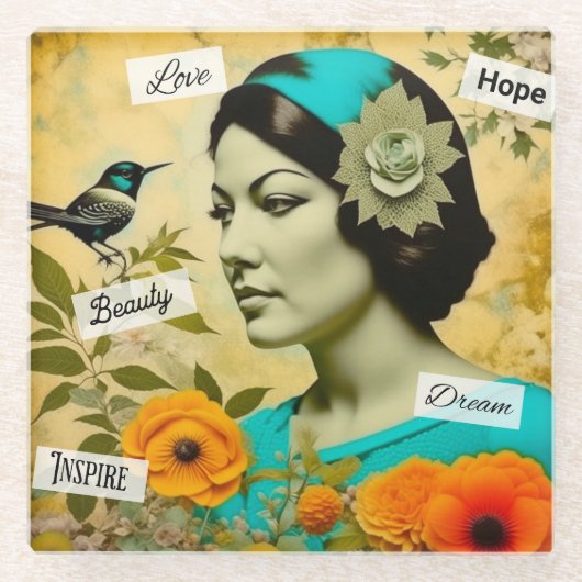 美しいヴィンテージと鳥と花を持つ女性 ガラスコースター (正面)